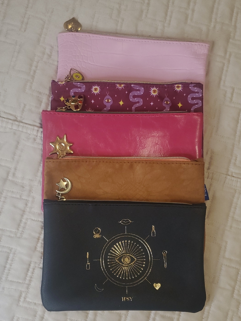 ipsy Five-Piece Makeup Pouch Set in Black, Tan, Hot Pink, Purple, Light Pink